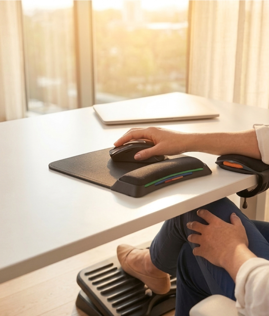 Kvinna sitter vid skivbord med ergonomiska tillbehör